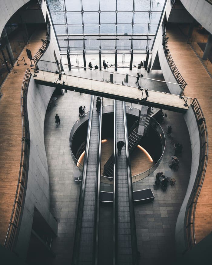 A spiral of escalators seen from above